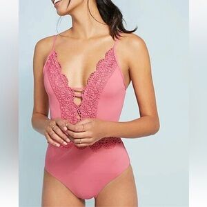 BECCA By Rebecca Virtue Crochet One Piece Swimsuit Coral Plunge Tie Back S